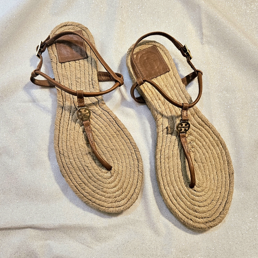 Tory Burch Tan and Brown T-Strap Sandals with Braided Sole
